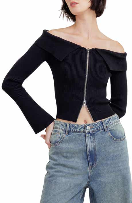 Off the Shoulder Zip Ribbed Cropped Sweater