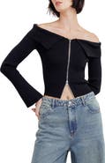 FREEMARKET Off the Shoulder Zip Ribbed Cropped Sweater