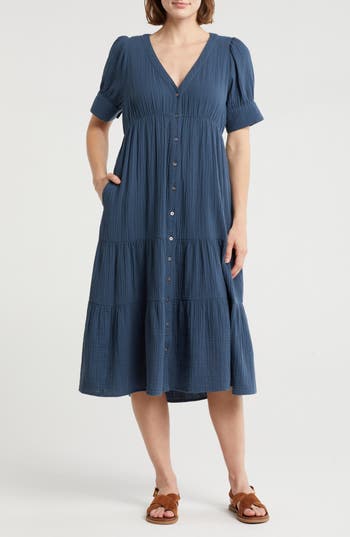 Madewell Lightspun Tiered Button Front Midi Dress