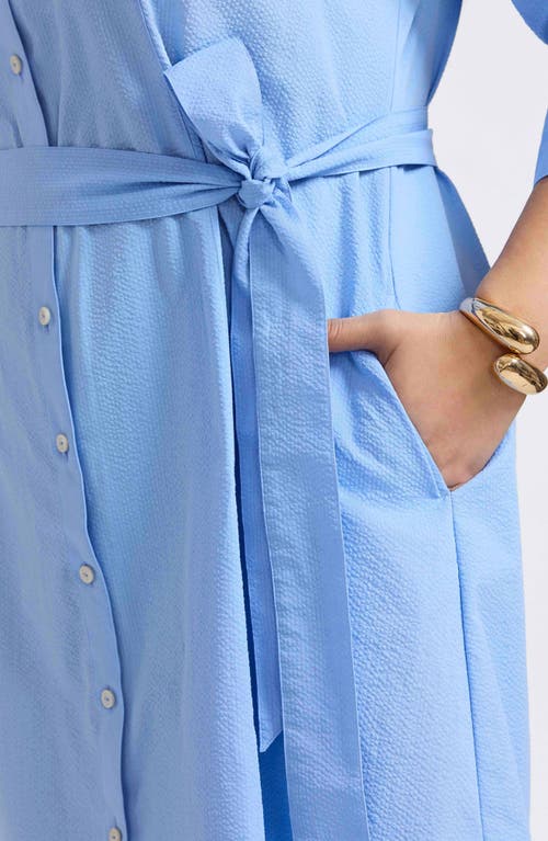 Foxcroft Fiona Seersucker Belted Shirtdress In Lake Blue