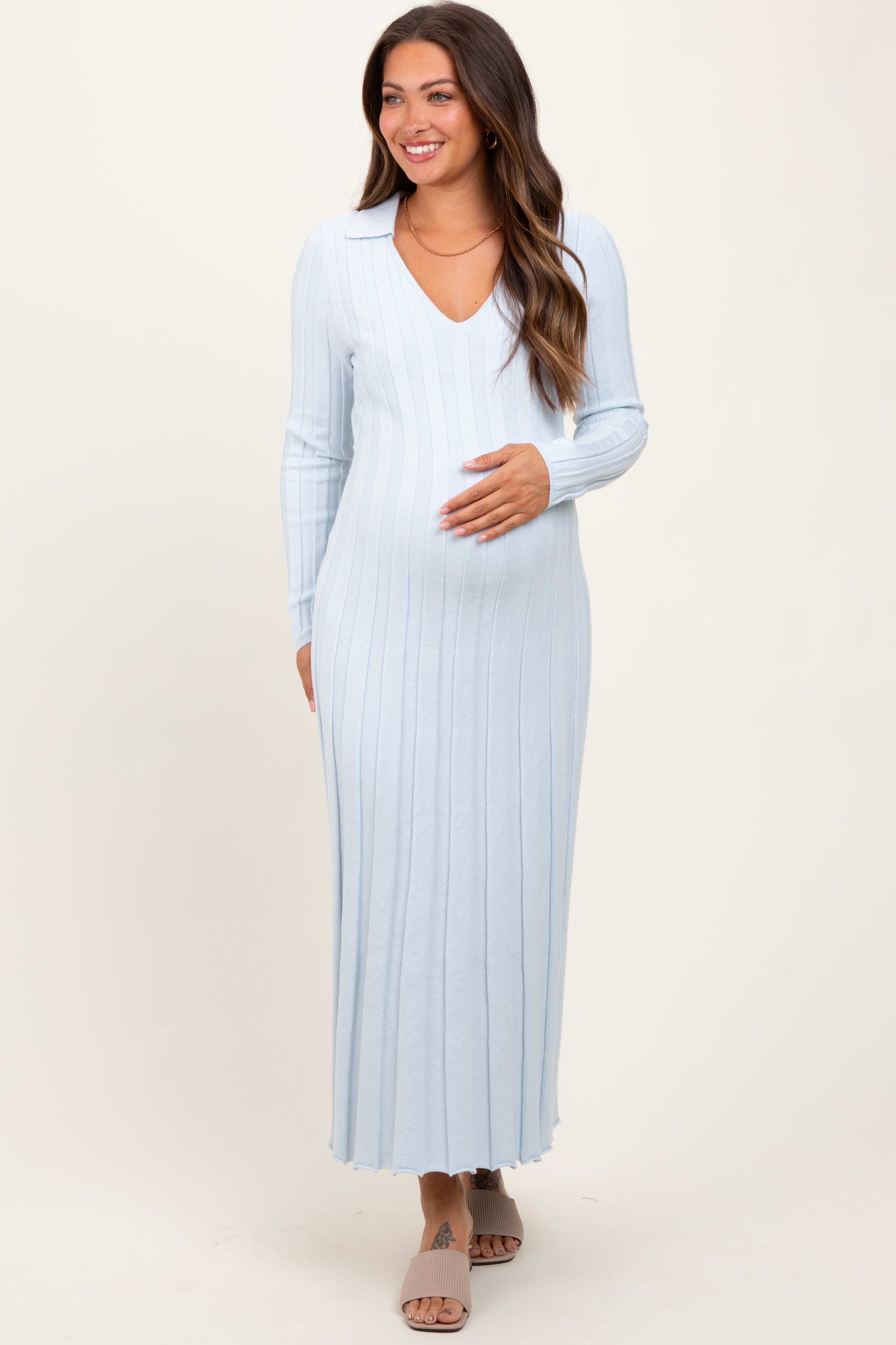 Pinkblush Wide Ribbed Knit Collared Midi Dress In Blue