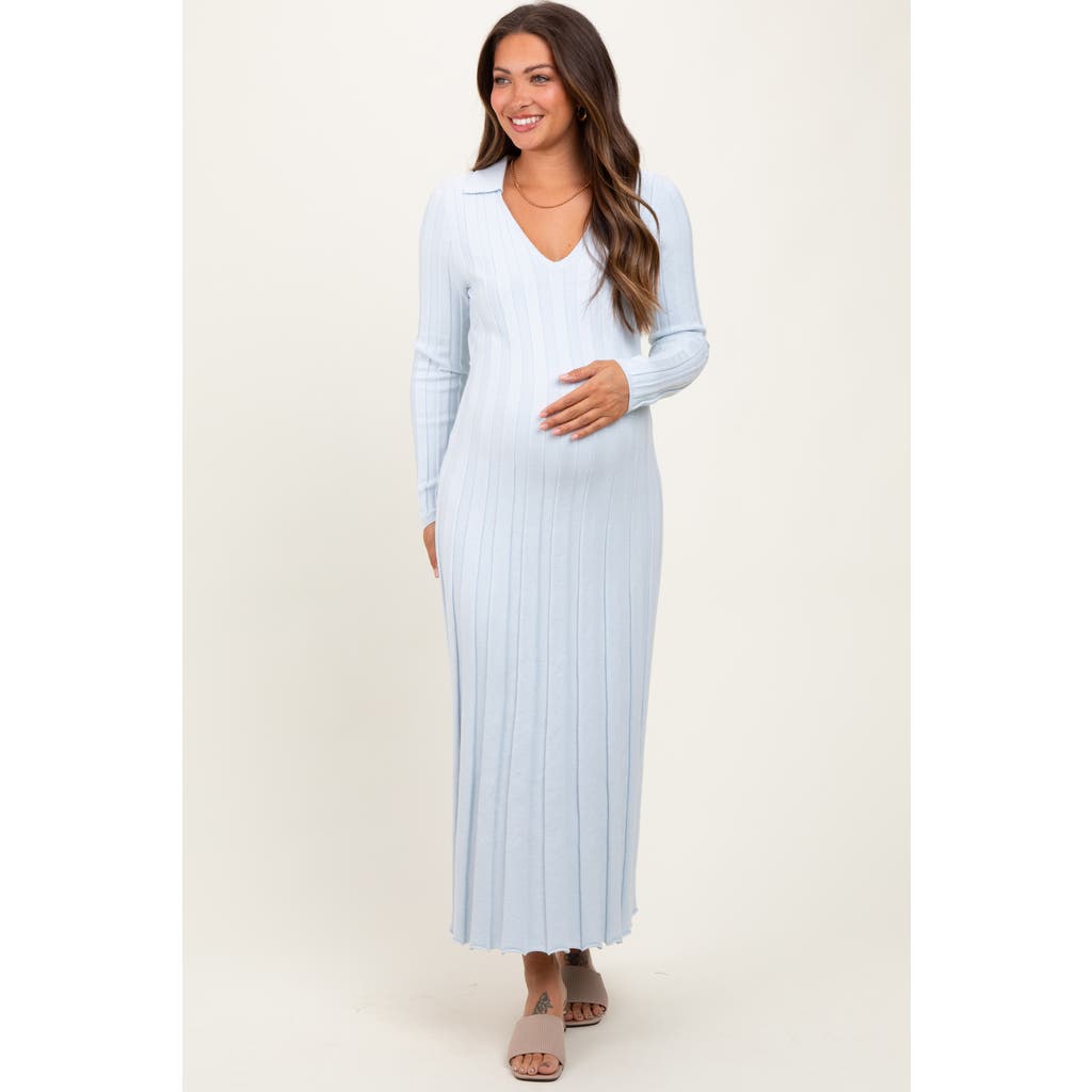 Pinkblush Wide Ribbed Knit Collared Midi Dress In Blue