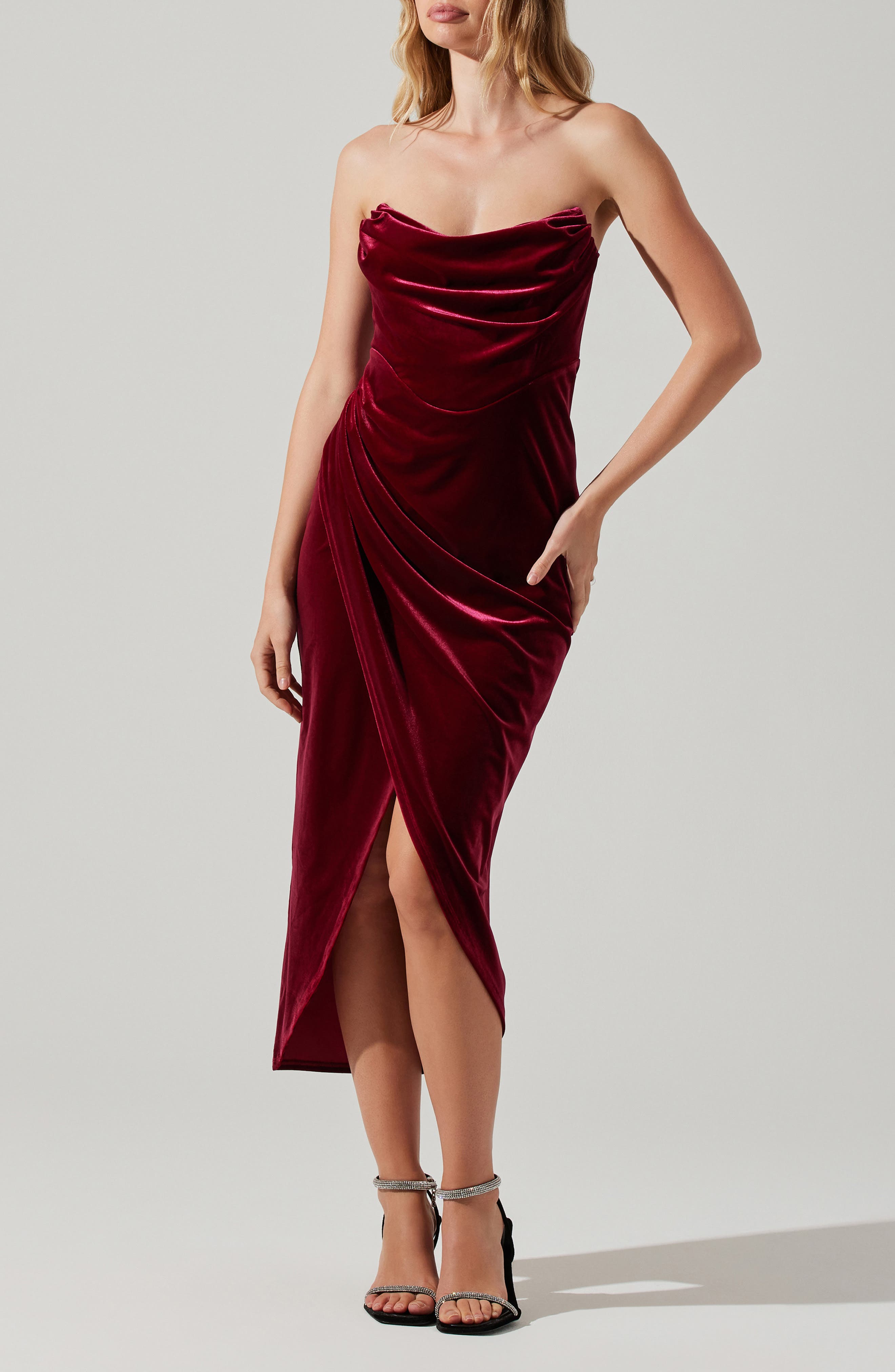 ASTR the Label Meghan Ruched Strapless Velvet Midi Dress