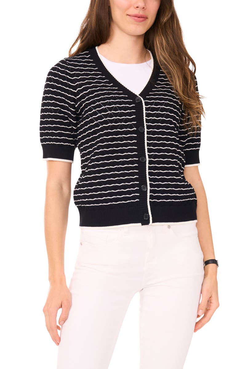 Halogen<sup>®</sup> Stripe Pointelle Cotton Button-Up Sweater, Main, color, Rich Black