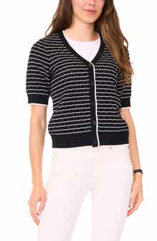 Halogen® Stripe Pointelle Cotton Button-Up Sweater