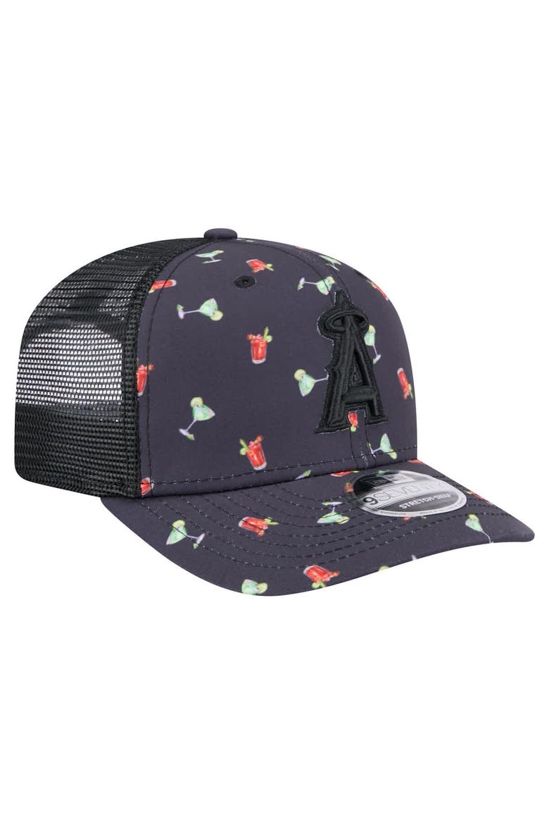 Men's New Era Black Los Angeles Angels Adventure Drinks Pattern 9SEVENTY Stretch-Snap Hat, Alternate, color, Navy
