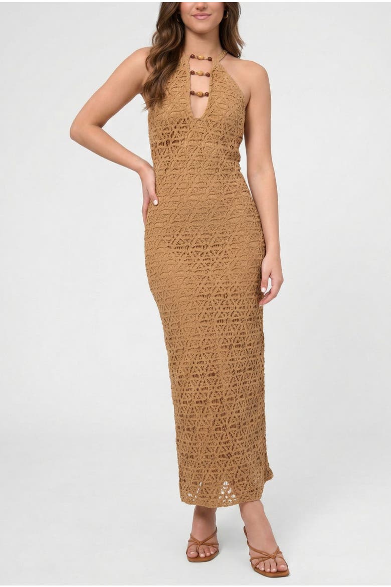 Aitana Bead Keyhole Crochet Maxi Dress, Main, color, Medium Brown
