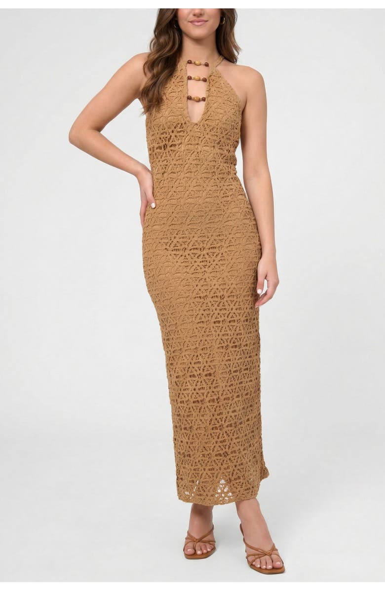 RACHEL Rachel Roy Aitana Bead Keyhole Crochet Maxi Dress, Main, color, Medium Brown