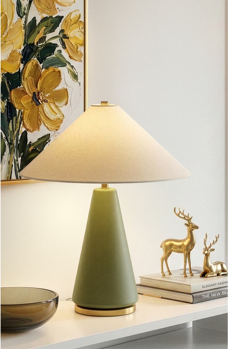 Brightech Dawn 19" Green Matte LED Table Lamp with Ivory Cotton Cone Shade and Brass Base, Alternate, color, Green