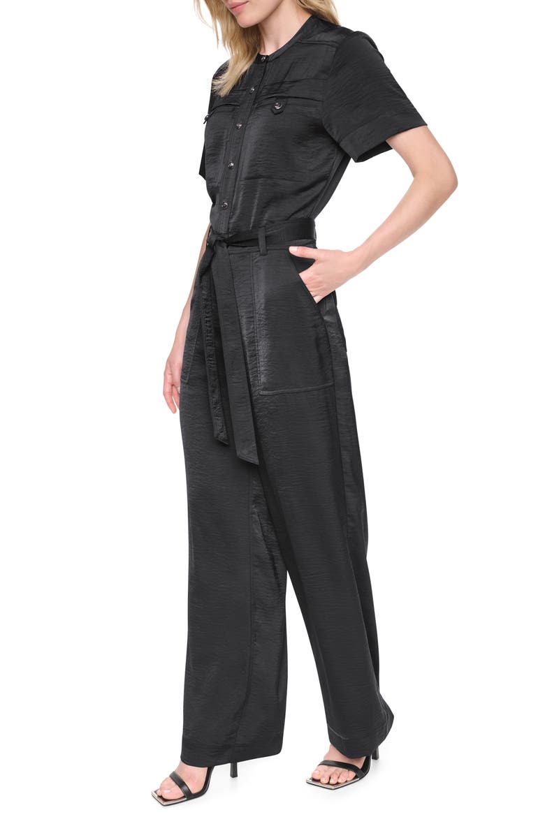 Tie Waist Satin Utility Jumpsuit, Alternate, color, BLACK
