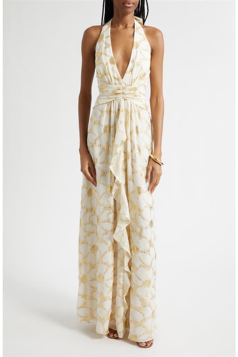 Stephanie Metallic Daisy Print Halter Gown, Main, color, IVORY JACQUARD