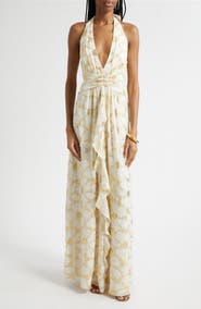 Ramy Brook Stephanie Metallic Daisy Print Halter Gown
