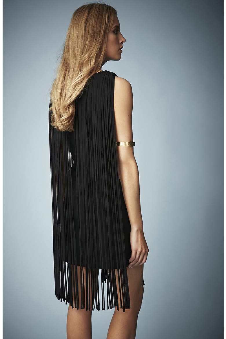 Kate Moss for Topshop Long Fringed Tassel Dress, Alternate, color, BLACK