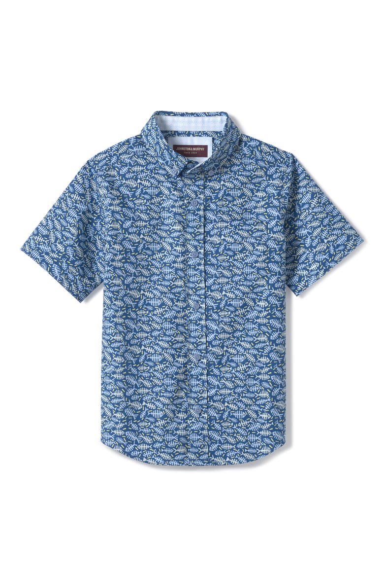 Kids' Fishbone Print Short Sleeve Cotton Button-Down Shirt, Main, color, NAVY