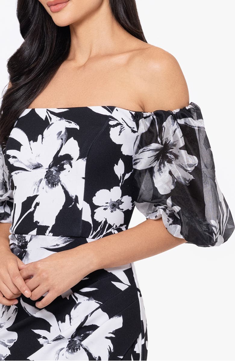 Xscape Evenings Floral Off the Shoulder Puff Sleeve Scuba Sheath Gown, Alternate, color, Black/ White