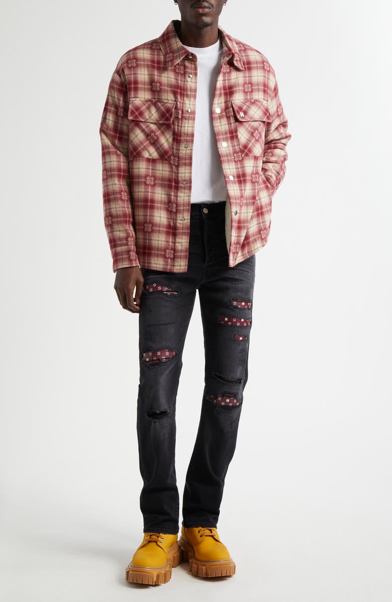 AMIRI Plaid Fleece Lined Cotton Flannel Snap-Up Overshirt, Alternate, color, Deep Red
