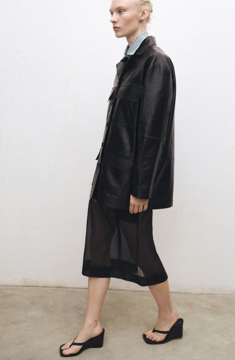 MANGO Semisheer Cotton & Silk Midi Skirt, Alternate, color, Black