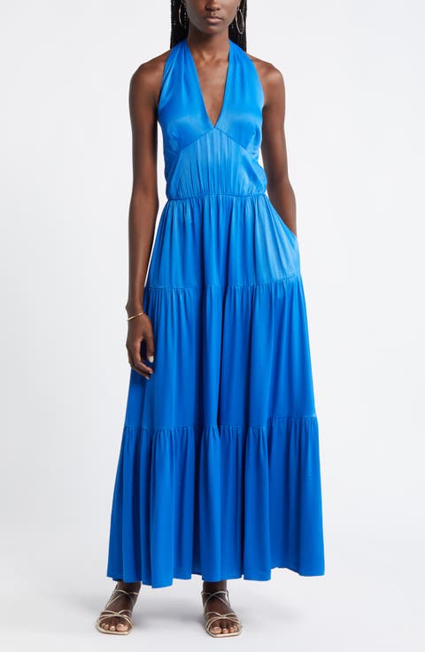 Tiered Satin Halter Maxi Dress