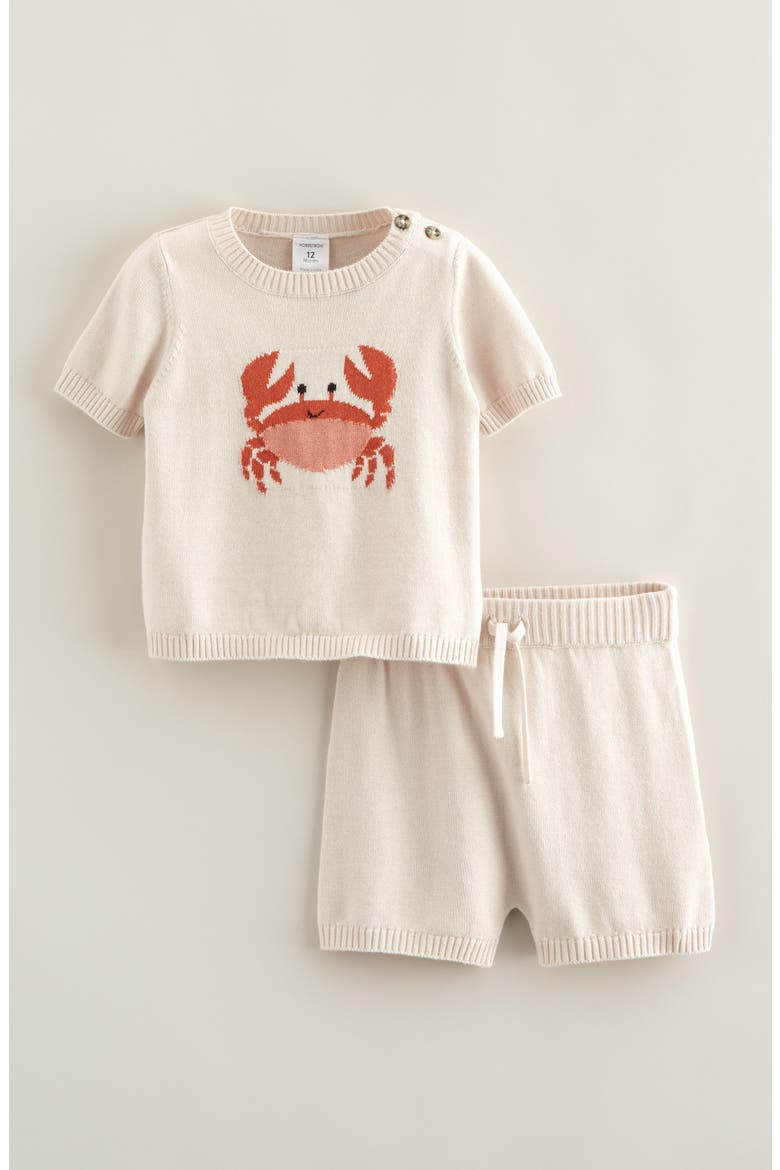 Motif Short Sleeve Cotton Blend Sweater & Shorts Set, Main, color, IVORY SAND CRAB CRITTER