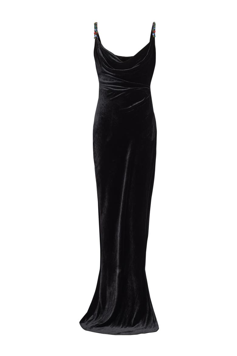 Long velvet dress with embellished straps, Alternate, color, black