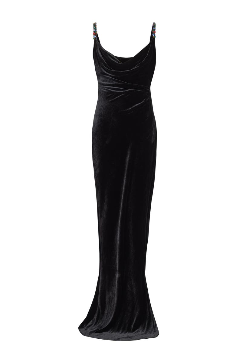 Balmain Long velvet dress with embellished straps, Alternate, color, Black