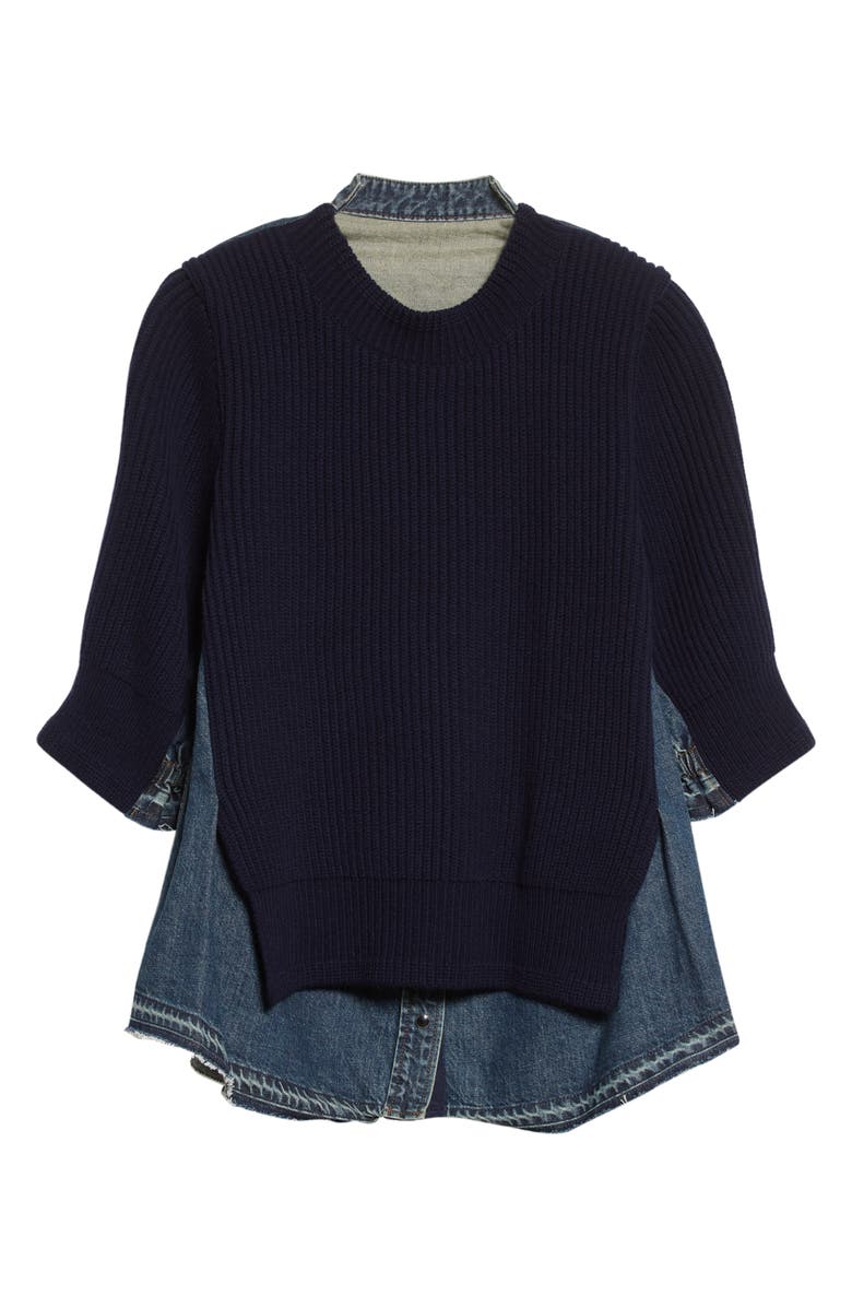 Sacai Mixed Media Wool & Denim Sweater, Alternate, color,