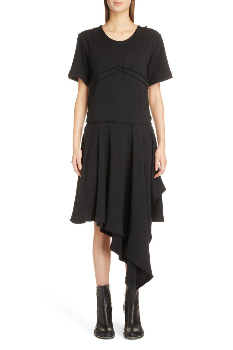 Raw Edge Asymmetrical T-Shirt Dress, Main, color, BLACK