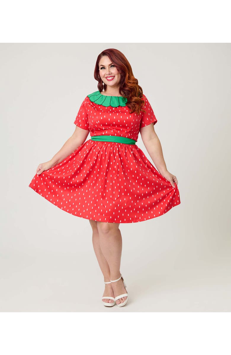 Smak Parlour Plus Size Petal Collar Flare Dress, Main, color, Red & Green