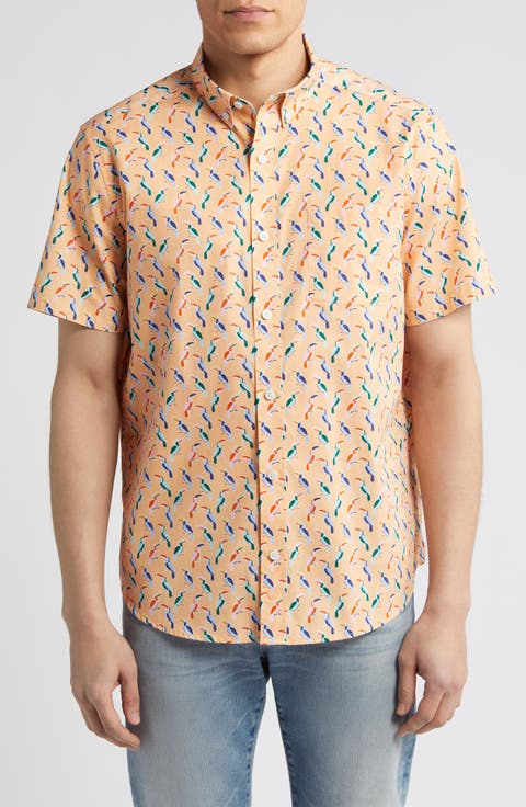 Toucan Print Short Sleeve Cotton Button-Down Shirt