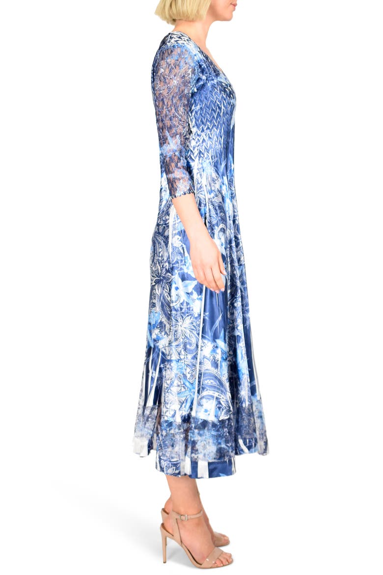 Floral Print Charmeuse Tea Length Dress, Alternate, color, LAVISH INK