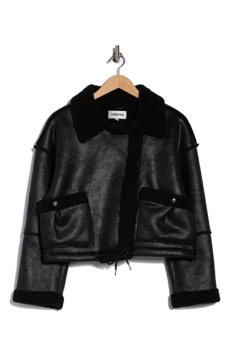 Faux Shearling Lined Moto Jacket, Alternate, color, BLACK