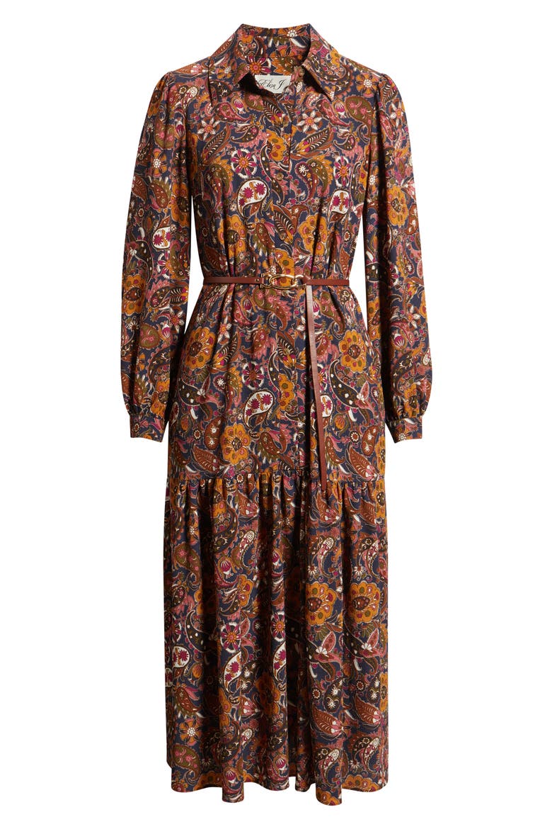Print Belted Long Sleeve Maxi Shirtdress, Alternate, color, NAVY MULTI