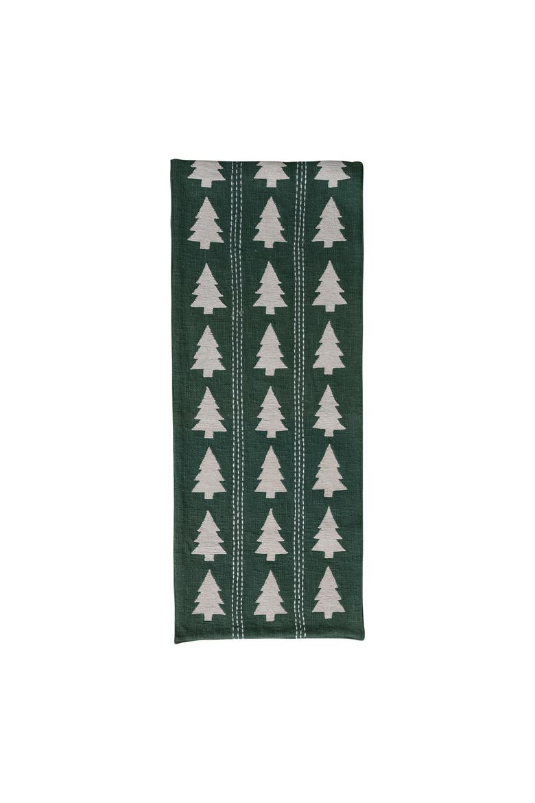 Slub Table Runner with Tree Pattern, Embroidery and Stitching, Main, color, Green and Natural