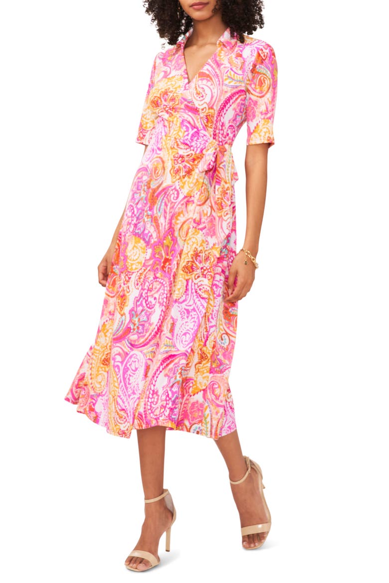 Print Faux Wrap Midi Dress, Main, color, WHITE/FUCHSIA/MUSTARD