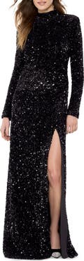 LIKELY Kerry Sequin Cutout Long Sleeve Gown