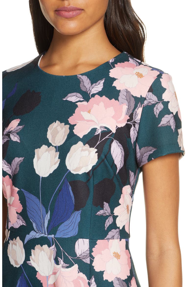 Floral Print Short Sleeve Fit & Flare Dress, Alternate, color, HUNTER