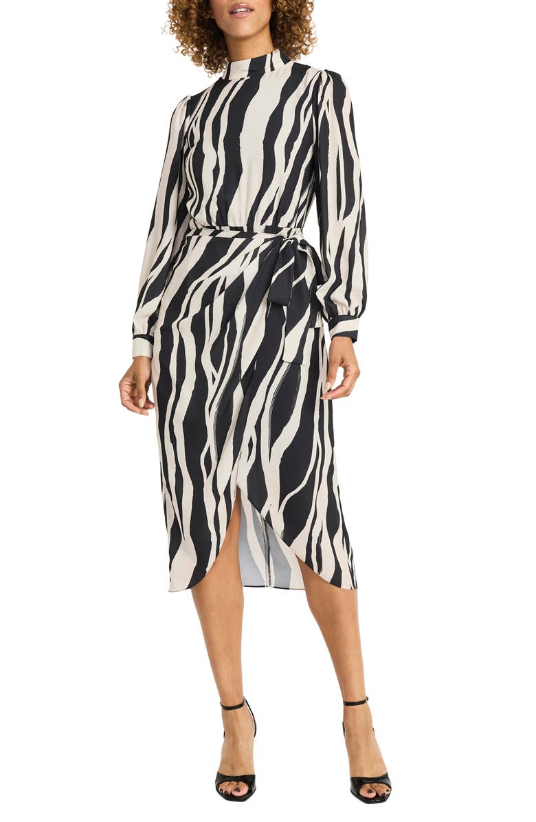 Maggy London Long Sleeve Tulip Midi Dress, Main, color, Black/ Cream