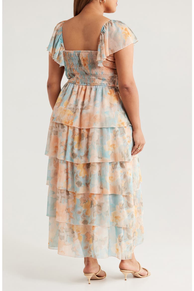 Smocked Bodice Metallic Tiered Maxi Dress, Alternate, color, PEACH/ AQUA