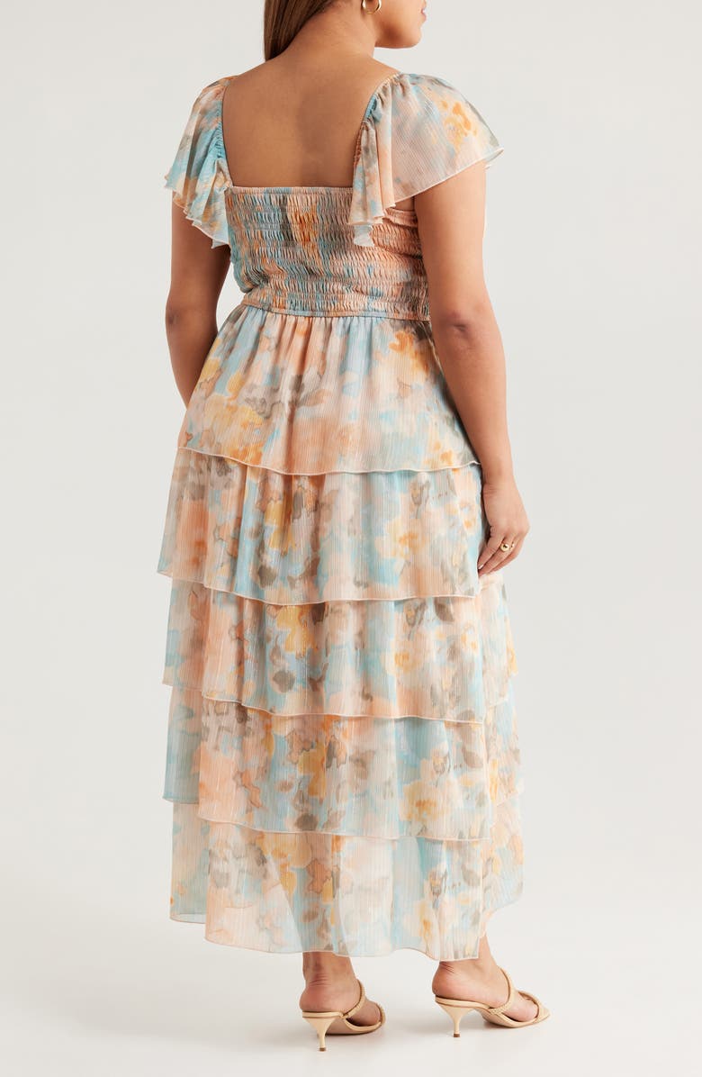Socialite Smocked Bodice Metallic Tiered Maxi Dress, Alternate, color, Peach/ Aqua