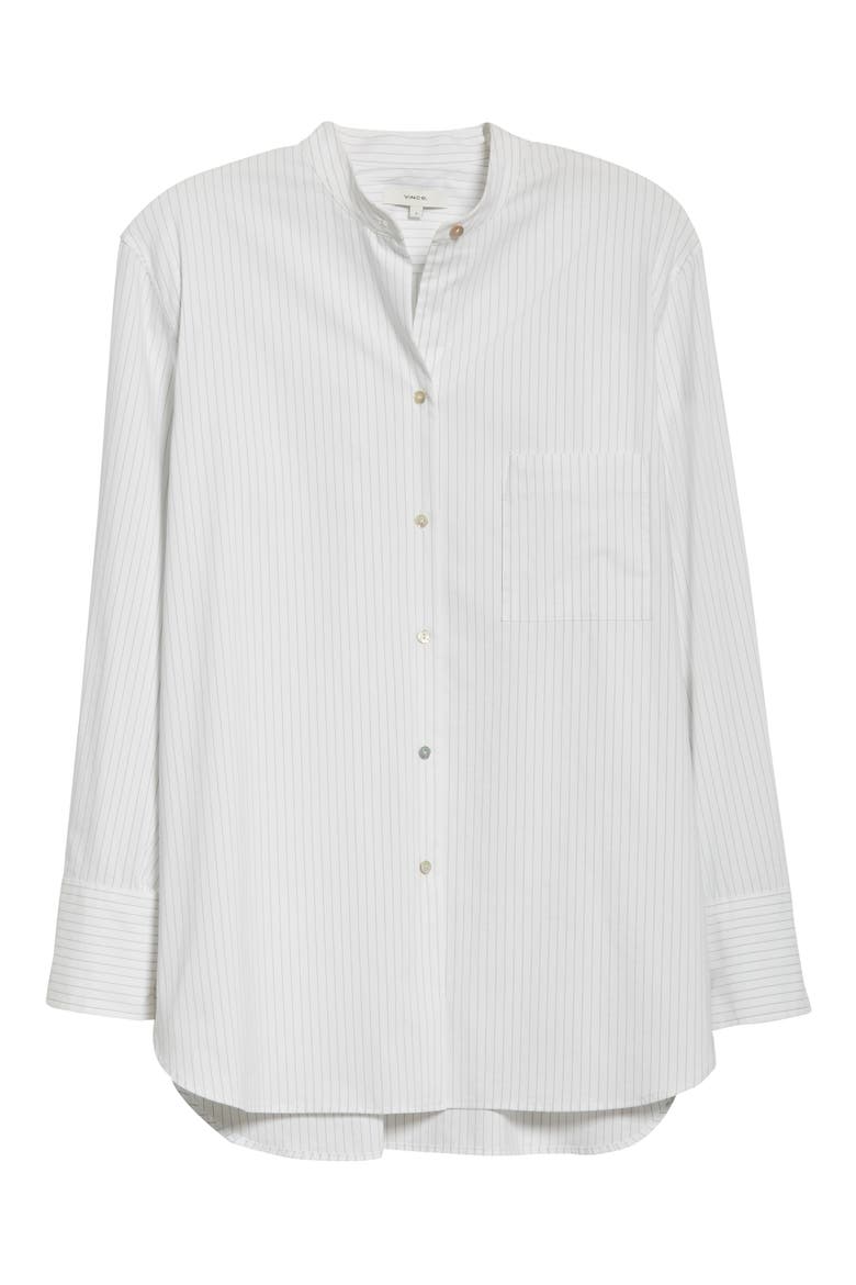 Classic Stripe Band Collar Cotton Blend Shirt, Alternate, color, WHITE/ BLACK