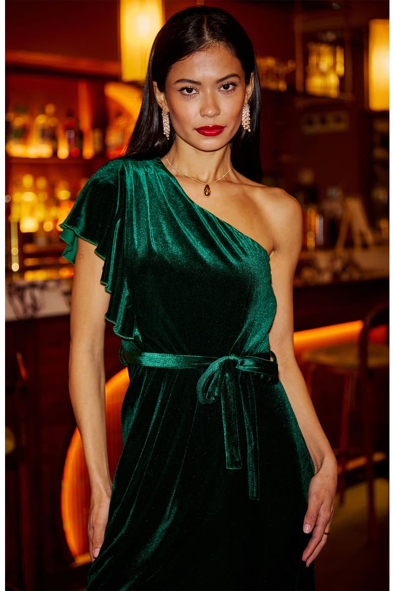 Velvet Frill One Shoulder Midi Dress, Alternate, color, Green