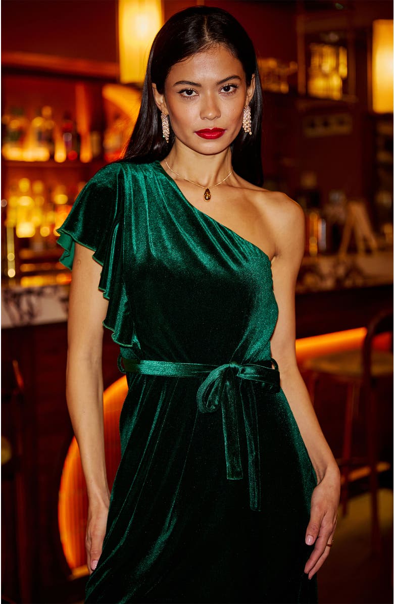 Yumi Velvet Frill One Shoulder Midi Dress, Alternate, color, Green