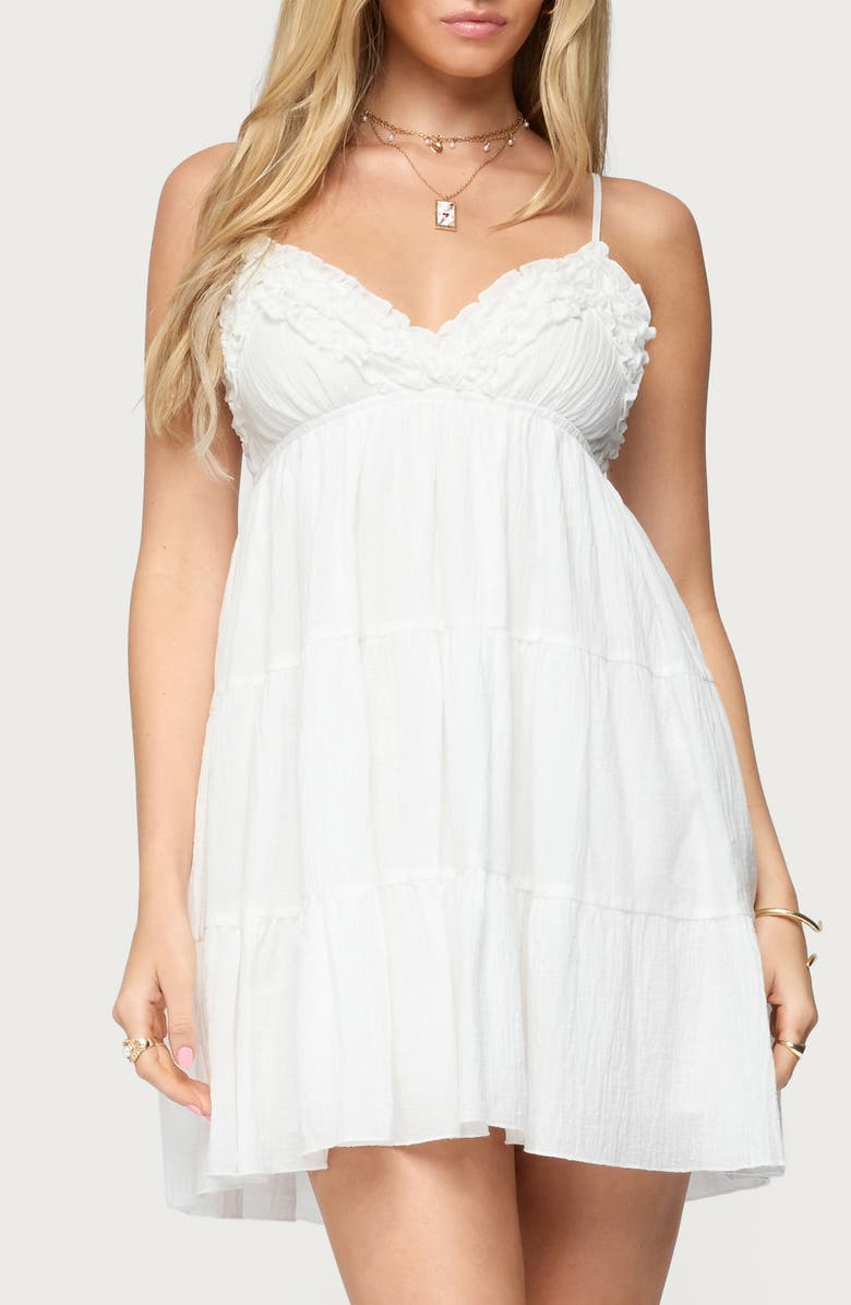 EDIKTED Bianca Cotton Tiered Babydoll Minidress, Main, color, White