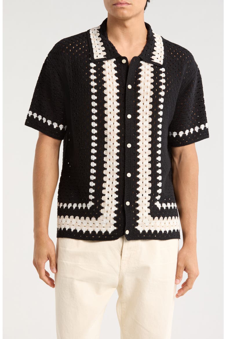 Crochet Button-Up Shirt, Main, color, BLACK/ NEUTRAL COMBO