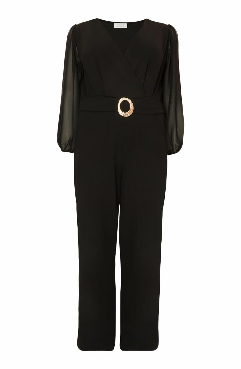 QUIZ Plus Size Chiffon Wrap Buckle Jumpsuit, Alternate, color, Black