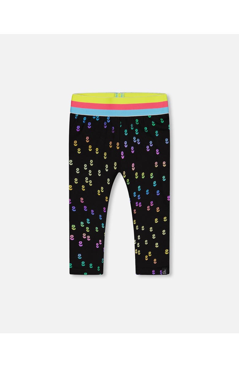 Deux par Deux Girl's Capri Legging Black With Colored Metallic Flower Print, Main, color,
