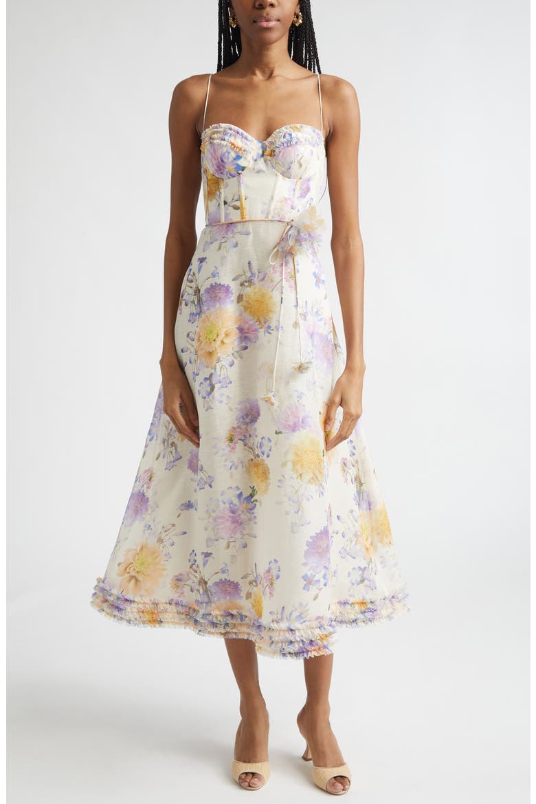 Luna Ruffle Linen & Silk Corset Midi Dress, Main, color, CREAM DAHLIA