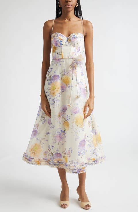 Luna Ruffle Linen & Silk Corset Midi Dress