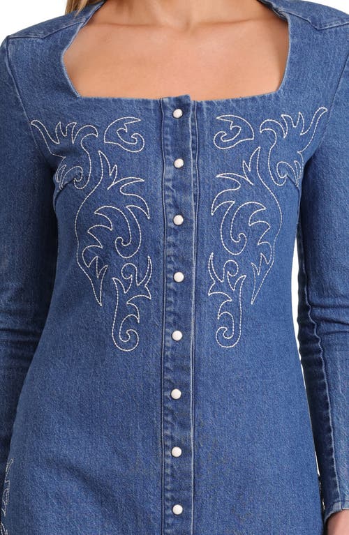Avec Les Filles Western Embroidered Long Sleeve Denim Minidress In Blue
