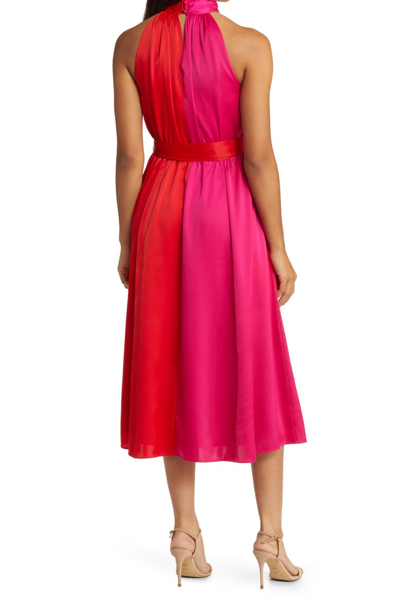 Twist Neck Belted Colorblock Midi Dress, Alternate, color, POPPY/ AMARANTH